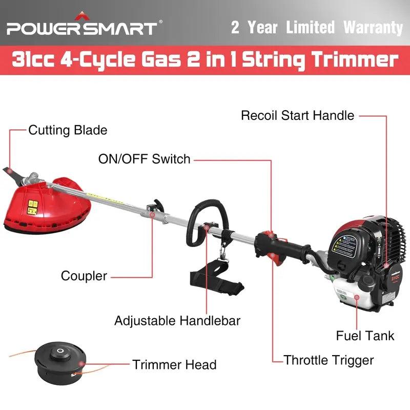 PowerSmart 31cc 4-Cycle Gas String Trimmer Straight-Shaft Brush Cutter for Lawns, Weeds & Overgrowth