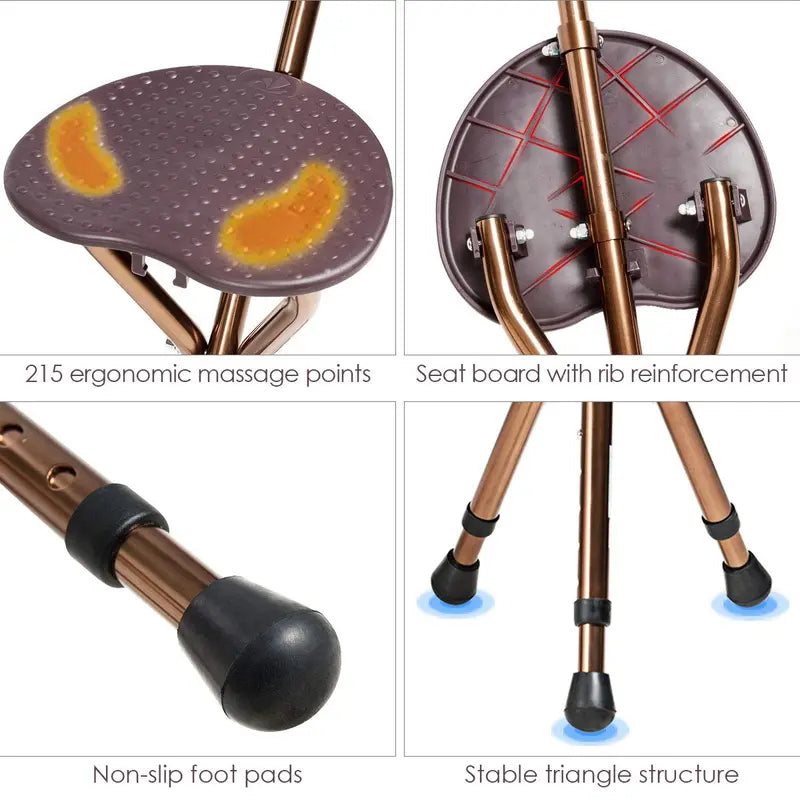 Adjustable Folding Cane Seat Aluminum Alloy Crutch Chair with LED Light and Tripod Base