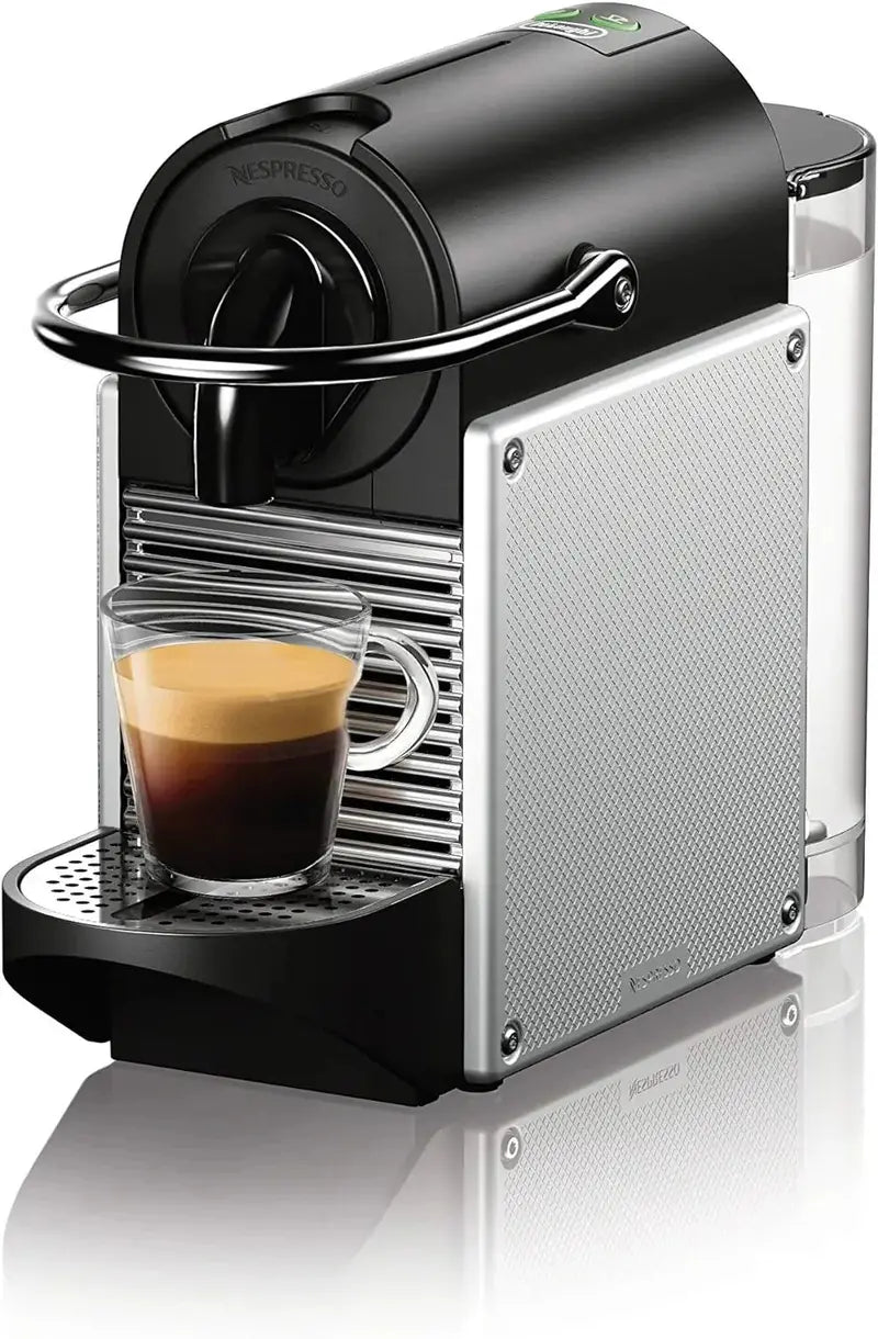Nespresso Pixie by De’Longhi Compact 19-Bar Espresso Machine in Sleek Silver Aluminum Design with 1.1L Water Tank
