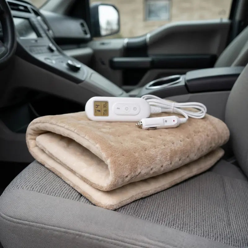 Dual-Voltage Electric Heated Blanket for Vehicles — 4 Heat Levels, Timer & Safety Auto-Off