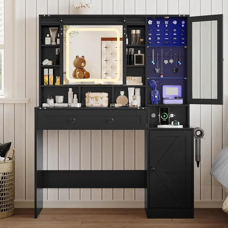Compact LED Vanity Desk Set with Dimmable Mirror, Power Outlet, and Slim Profile