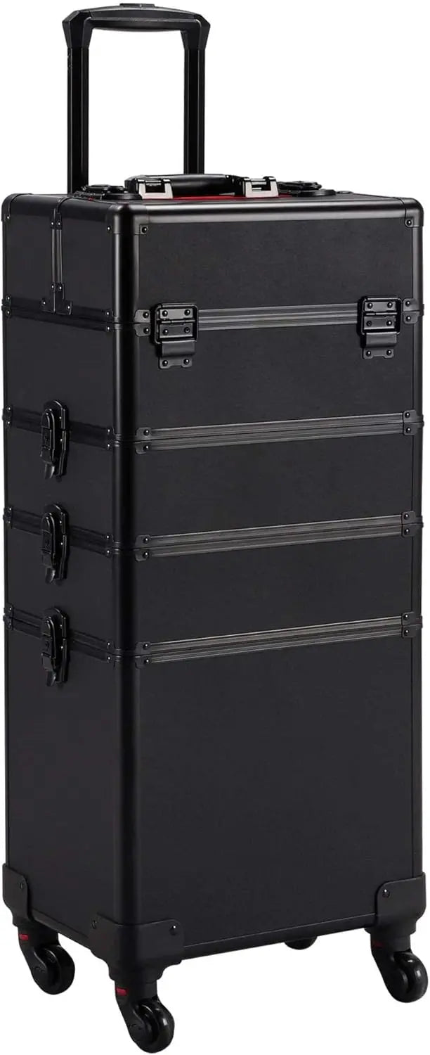 All-Black 4-in-1 Rolling Aluminum Cosmetic Organizer Professional Artist Train Case with Four Locking Wheels