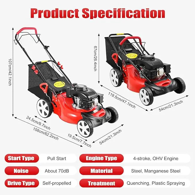 20-Inch Self-Propelled Gas Lawn Mower with 140cc OHV Engine 3-in-1 Cutting, Adjustable Height for Municipal & Large-Scale Landscaping