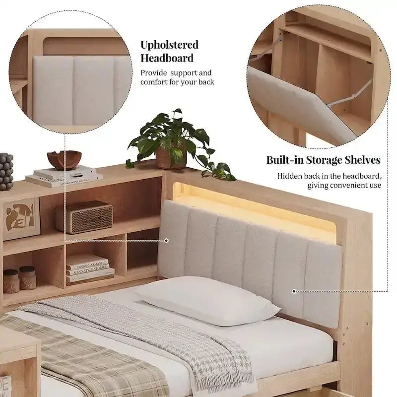 L-Shaped Upholstered Sofa Daybed with Built-in Desk, Bookcase, LED Headboard, and Under-Bed Storage
