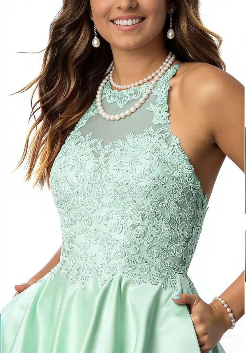 Green Halter A-Line Party Dress — Lace Appliqué Detail, Functional Pockets (4 Colors)