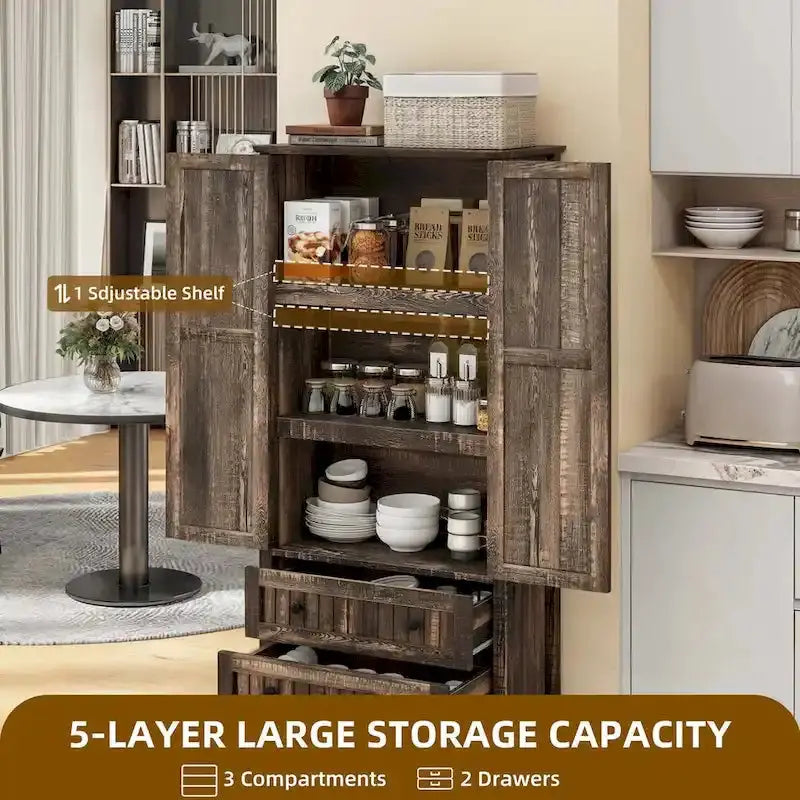 64″ Tall Farmhouse Kitchen Pantry Cabinet Dual Drawers & Adjustable Shelving