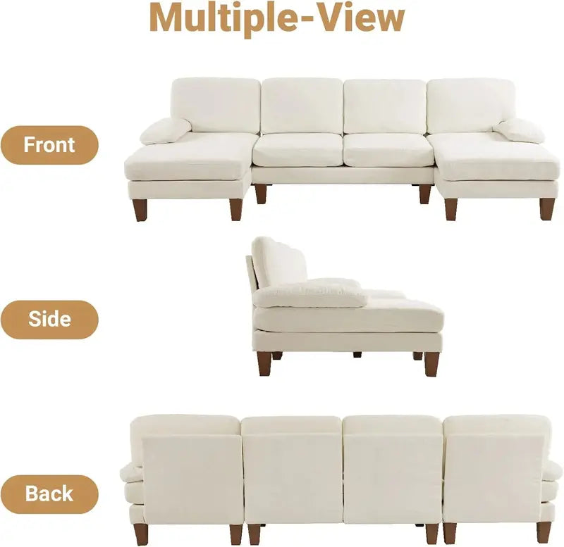 110-Inch U-Shaped Sectional Sofa Double-Chaise Chenille Living Room Set for Modern Homes (Beige)