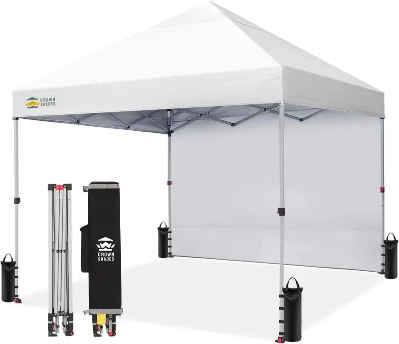 CROWN SHADES 10′ x 10′ Pop-Up Canopy with Single Sidewall: Portable Event Shelter for Parties, Campgrounds, and Outdoor Markets — Includes STO-N-Go Carry Bag