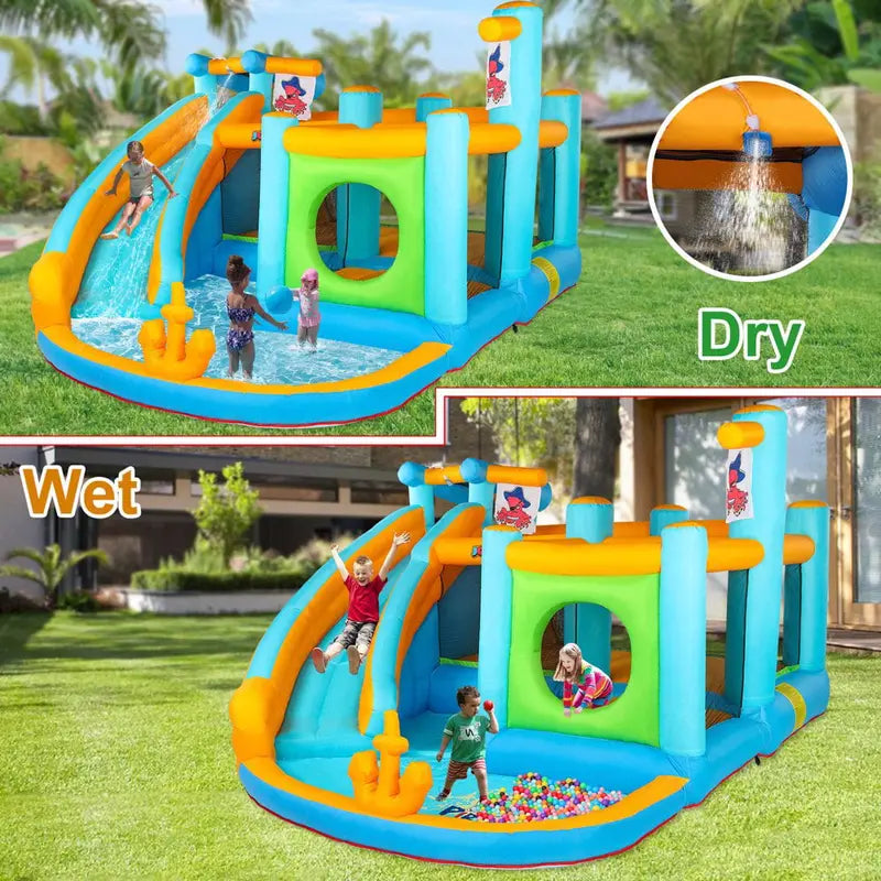 JOYMOR Inflatable Water Slide Park, Pirate Themed Bounce House w/ Obstacle Course, Water Cannon, Splash Pool, Water Slide Bouncer Castle Outdoor Backyard Playhouse for Age 3-12 Kids (Included Blower)