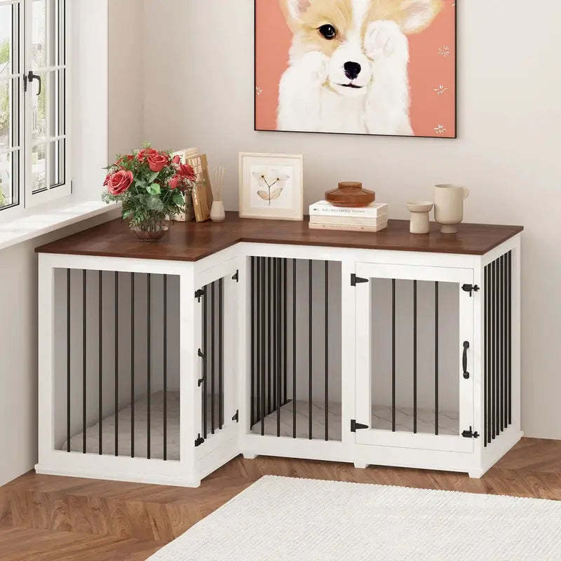 Large L-Shaped Corner Dog Crate Furniture Dual-Dog Enclosure with Hidden Storage Design (58.7″ x 41.1″)