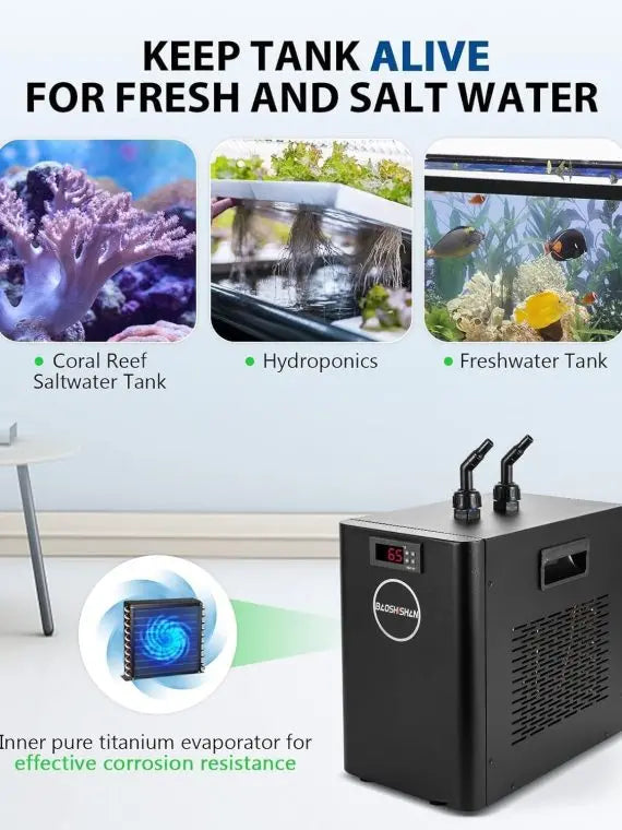 AquaCool 42-Gallon 1/10 HP Quiet Aquarium Chiller for Fish Tanks, Hydroponics & Coral Reefs