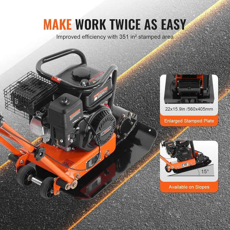 Gas-Powered Plate Compactor 6.5 HP, 196cc Engine, 4200 lb Vibratory Force, 5600 VPM for Pavers, Asphalt & Landscaping Projects