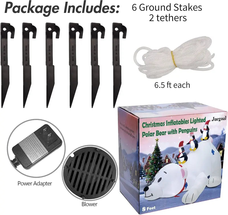 Juegoal 7.7ft Christmas Inflatable Polar Bear with Penguins, LED Lighted, Indoor Outdoor Holiday Decor