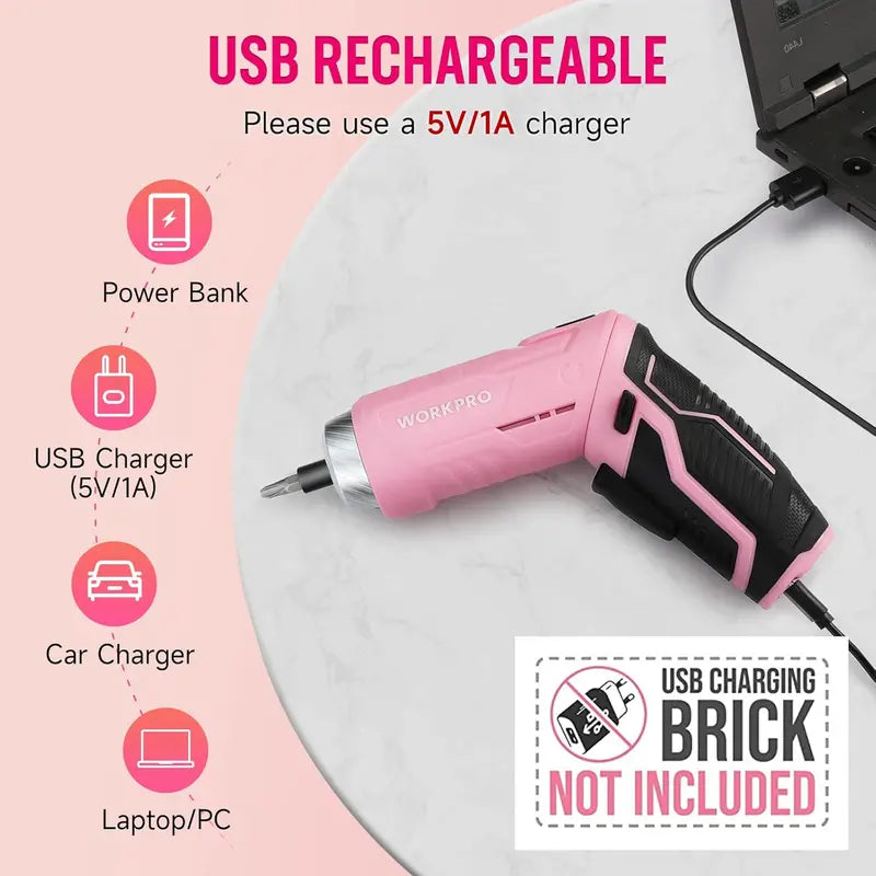 WORKPRO 55/75-Piece Pink Household Tool Set Includes 3.7V Rotatable Cordless Screwdriver and Pink Ribbon Accents