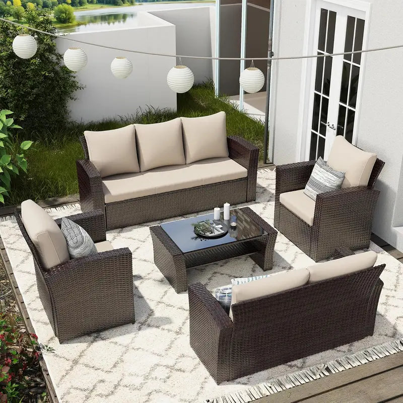 Wisteria Lane 4-Piece Navy Blue All-Weather Wicker Patio Sofa Set with Cushions and Glass Table