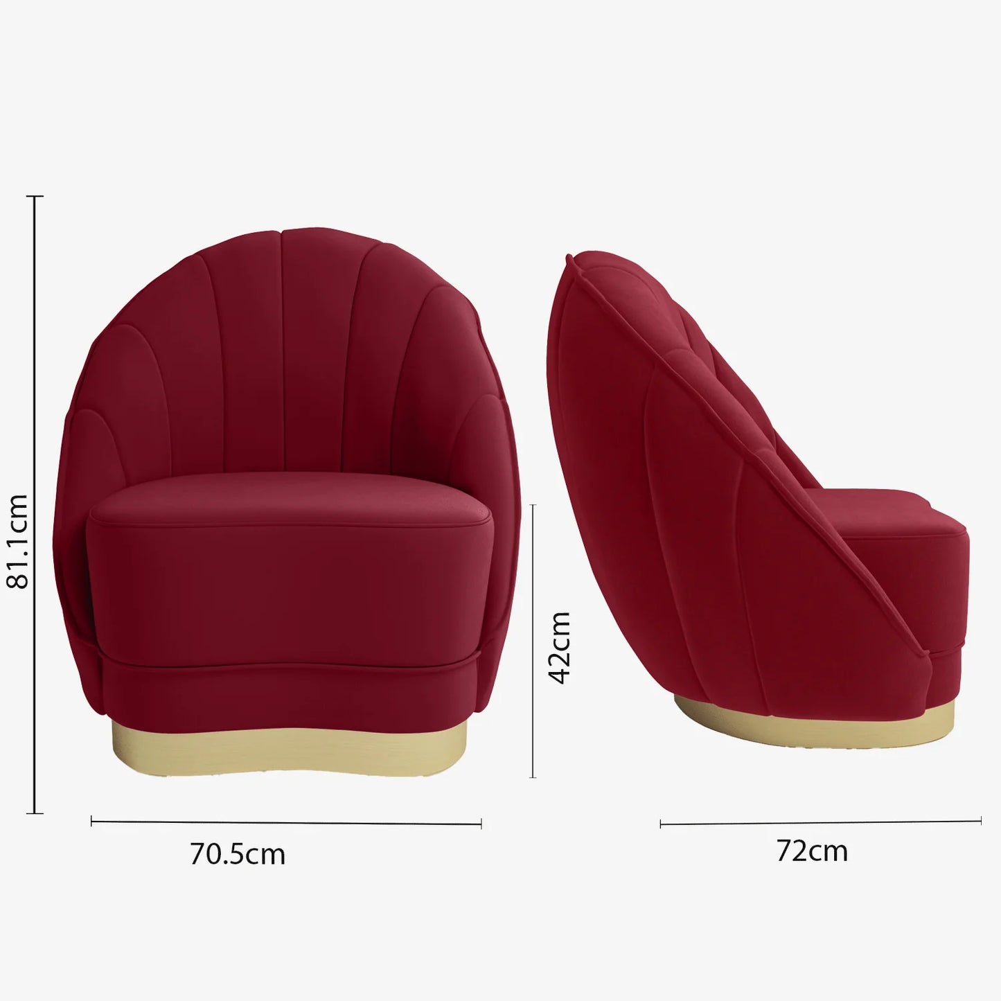 Fauteuil en velours bordeaux, base cerclage dor effet laiton