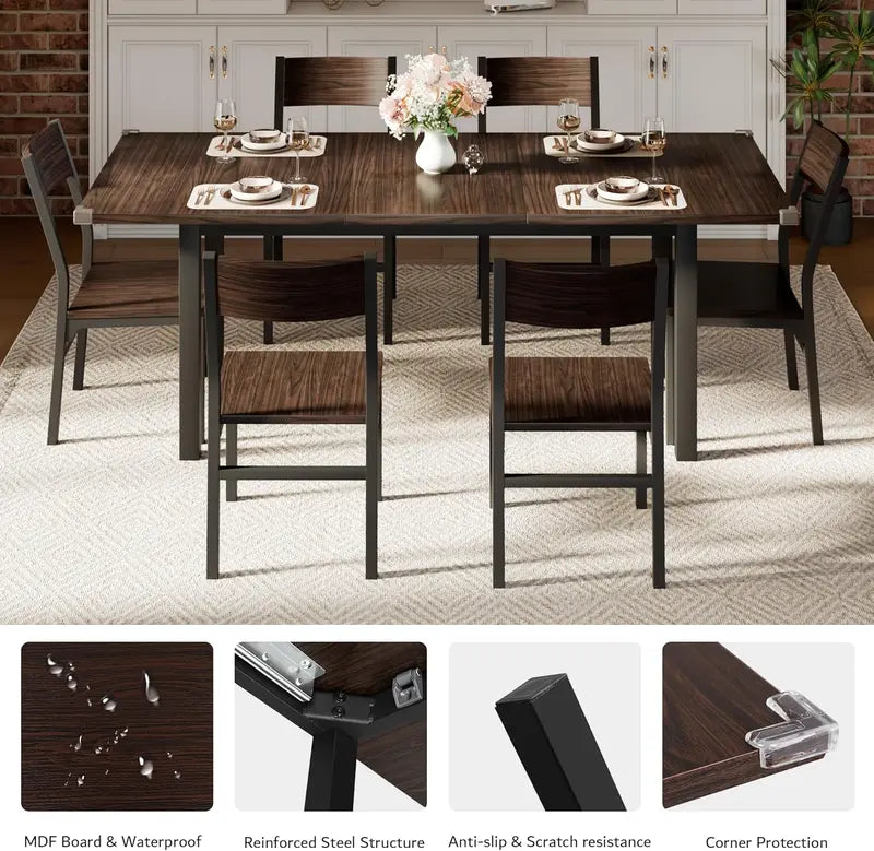 Espresso 7-Piece Extendable Dining Set: 63″ MDF Table + 6 Metal-Frame Chairs for Small-Space Living