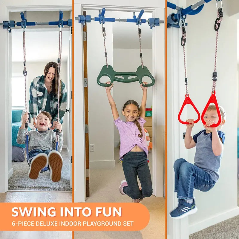 6-Piece Indoor Gym Kit for Kids Swing Chair, Trapeze Rings, Climbing Ladder, Rope, Pull-Up Bar & Accessories