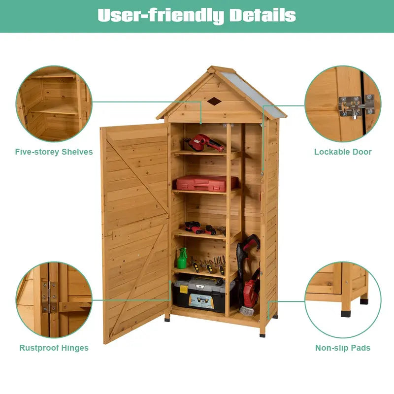 Lockable Wooden Garden Storage Shed Fir Wood Outdoor Tool Cabinet for Yard or Patio