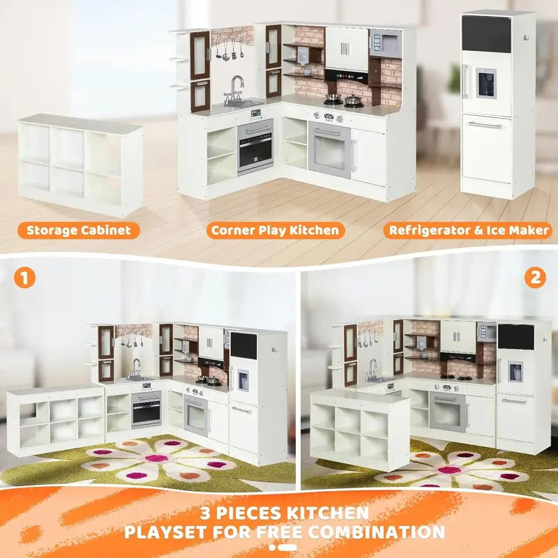 BRINJOY Kids Modular Wooden Kitchen Playset with Light & Sound, Corner Kitchen, Fridge & Storage Perfect Gift for Toddlers