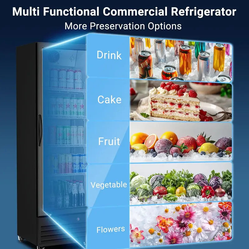 12.5 Cu. Ft. Commercial Glass-Door Beverage Refrigerator Upright Display Cooler with Soft LED Lighting for Bars, Cafés & Retail Spaces
