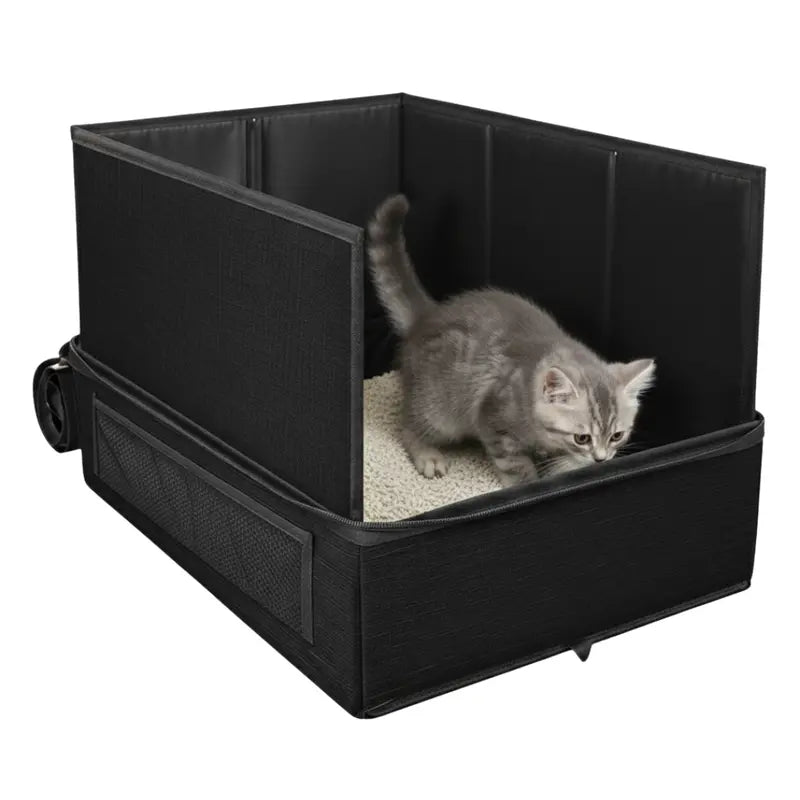 Foldable Zip-Top Travel Cat Litter Box with Integrated Scoop and Collapsible Bowl