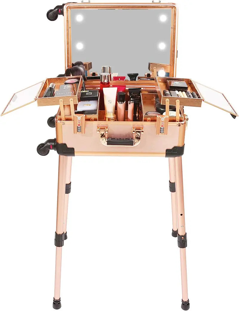 Lighted Makeup Travel Case Medium-Sized Cosmetic Organizer with Code Lock, Built-in Speaker & Mirror