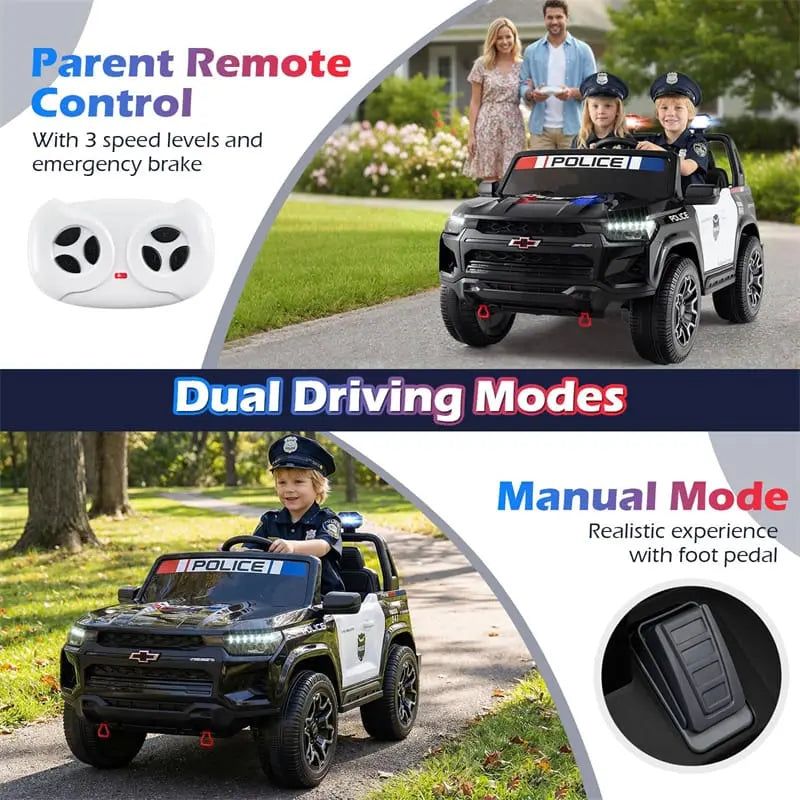 24V Licensed Chevrolet Police Ride-On Car for Kids 2-Seater Electric Vehicle with Remote, Siren, Megaphone & LED Lights