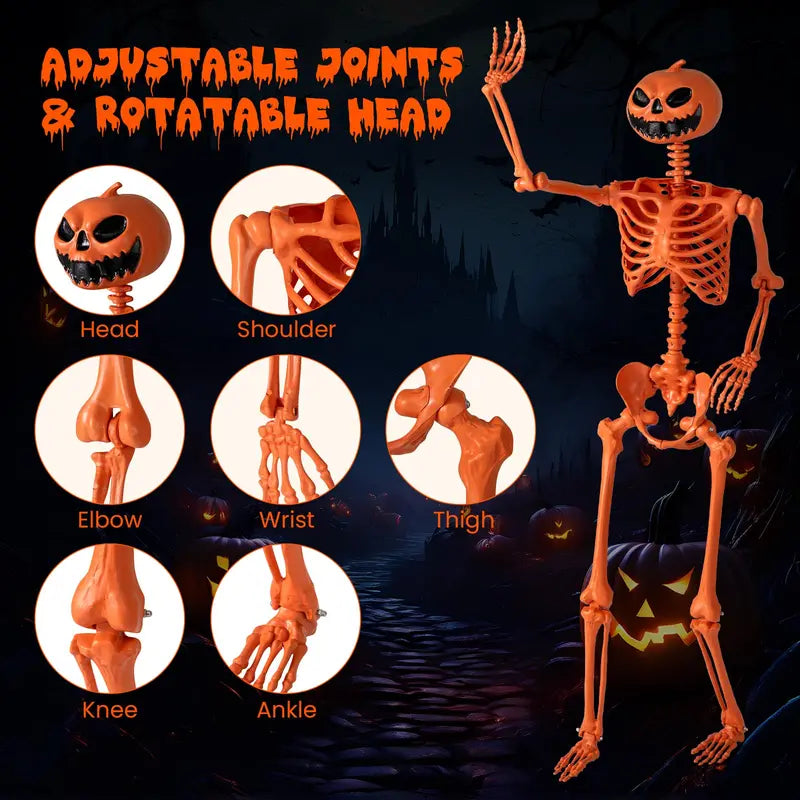 5.2-Foot Posable Halloween Skeleton Glow-in-the-Dark Pumpkin-Head Yard Decoration