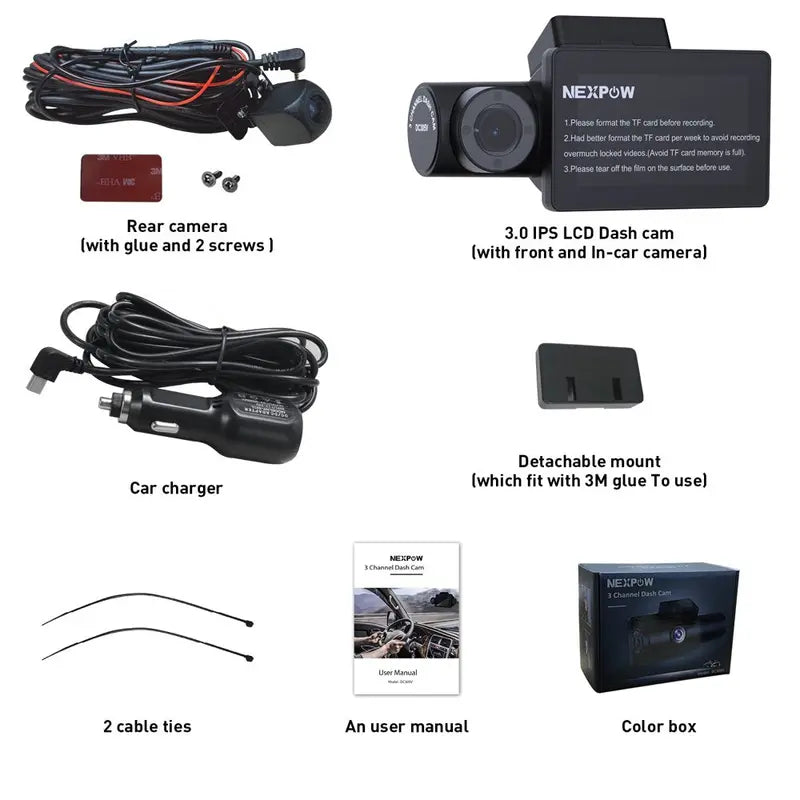 Nexpow Car Dash Cam 3 Channel, 4K Dash Camera Front and Rear, 3 LCD Screen