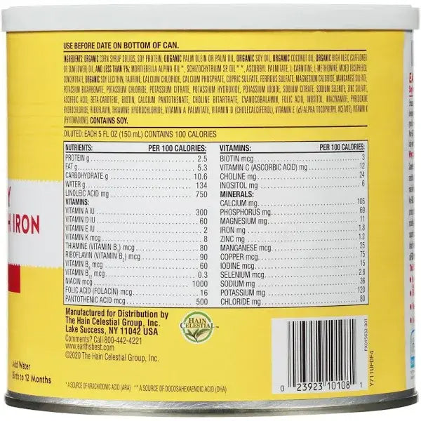 Earth’s Best Soy-Based, Lactose-Free Infant Formula with Iron, 21 oz (Birth to 12 Months)