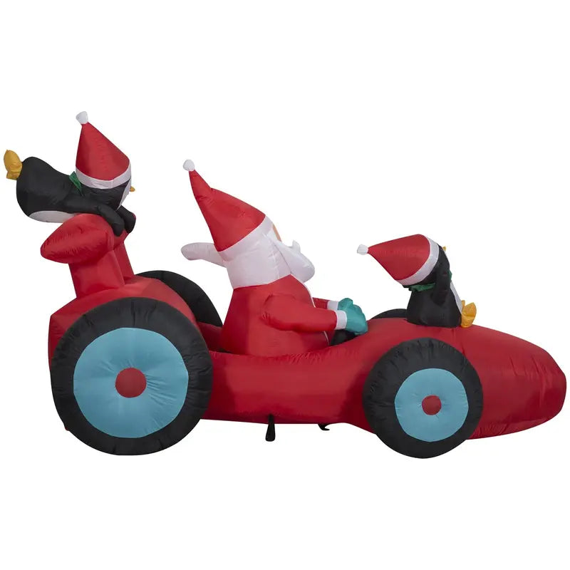 4ft Inflatable Santa Racecar with Penguins, LED Lights, Outdoor Christmas Decor