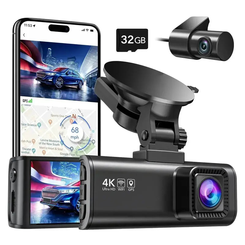Dual-Lens 4K/2.5K Dash Cam Front + Rear Recording, Includes 32GB Card