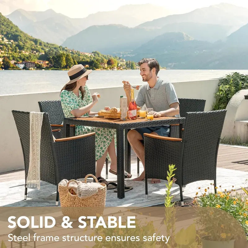 Devoko 7-Piece Rattan Patio Conversation Set — Acacia Wood Table Top and Woven Seating