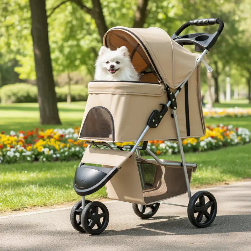 All-Weather Foldable Pet Stroller with Canopy, Cup Holders, and Undercarriage Basket