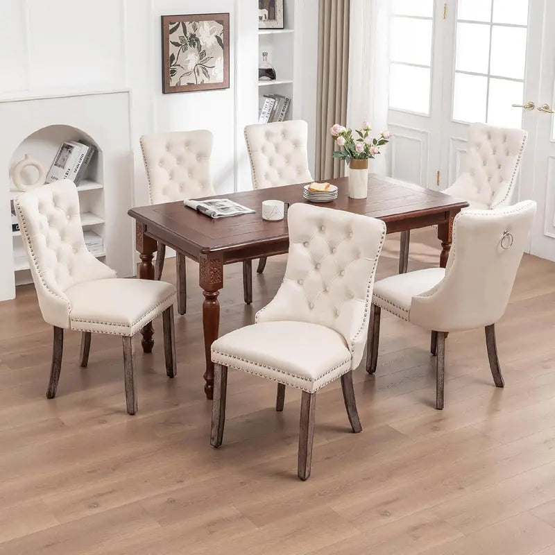 Set of 6 Beige Velvet Dining Chairs with Ring Pull and Nailhead Accents Tufted Luxury Seating for Dining Room, Living Room, or Kitchen