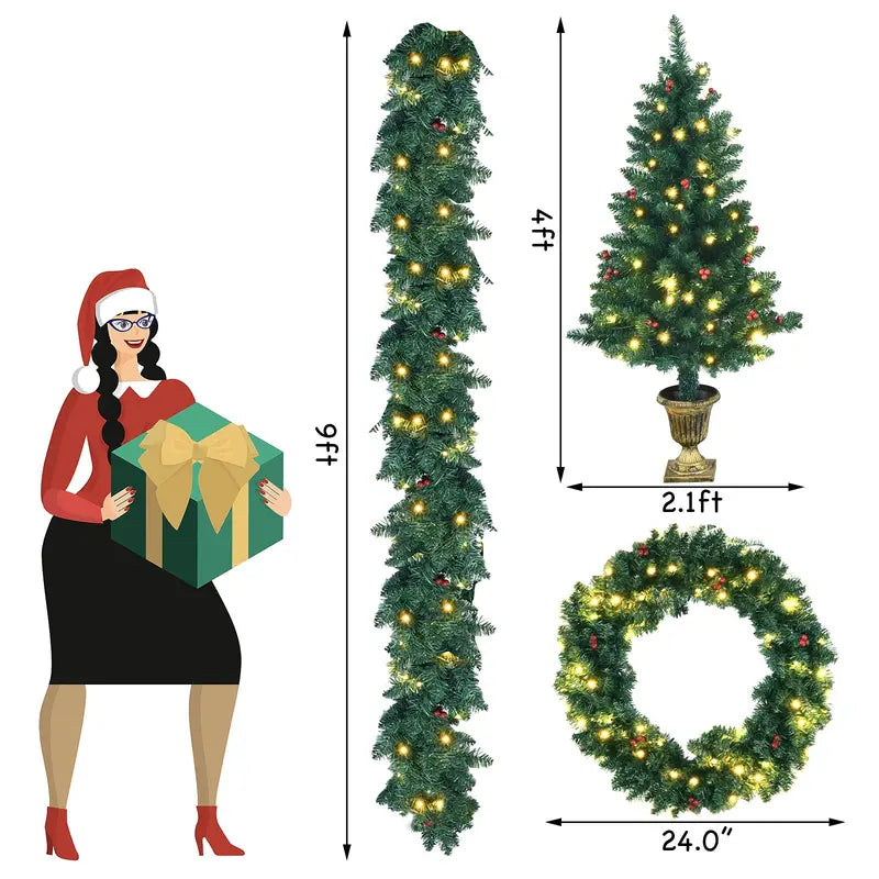 Holiday Garland Set Pre-Lit 4-Piece Christmas Decor Collection for Mantel or Doorway