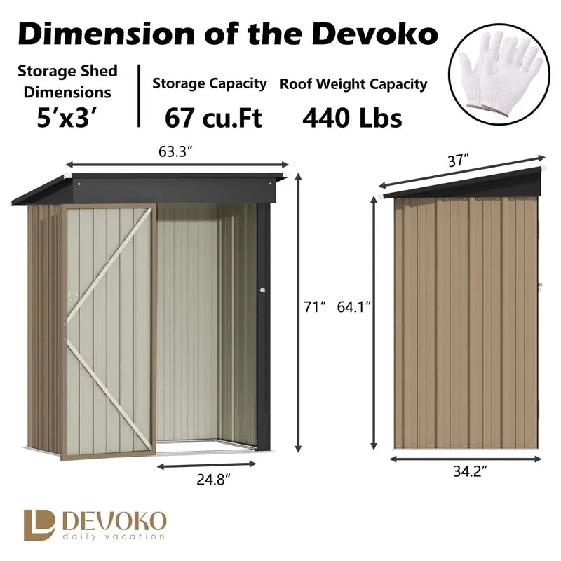 Devoko Outdoor Storage Shed 5×3 FT, Brown, Steel Frame, Lockable Doors, Rust & Moisture Resistant, Garden Organizer