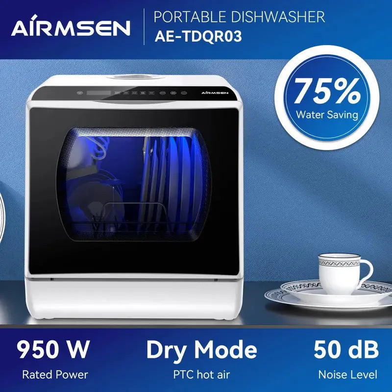 Portable Countertop Dishwasher 5L Self-Contained Tank, 5 Wash Cycles & Air-Dry Function