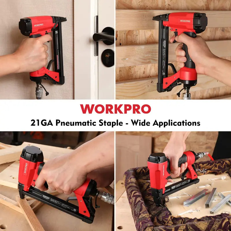 WORKPRO Pneumatic 21/22-Gauge Staple Gun for Upholstery Includes Staples (1/4″5/8″)