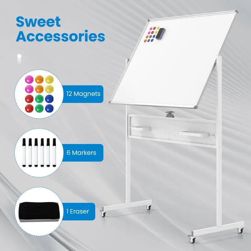 Height-Adjustable Rolling Dry Erase Board 48″ x 36″ Whiteboard with Pegboard, Storage Hooks, Trays & Magnets