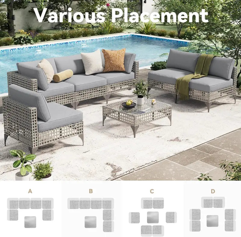 7-Piece PE Rattan Patio Furniture Set Navy Cushioned Sectional Sofa, Tea Table & Black Wicker Frame for Backyard Use