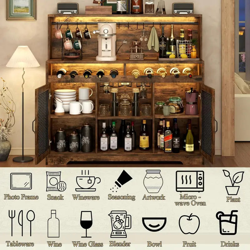 LED-Illuminated Wine & Liquor Bar Cabinet Multi-Function Coffee Bar with Glass Holders & Buffet Storage