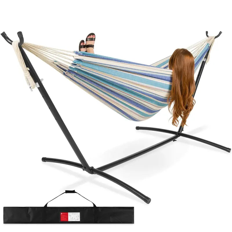Brazilian-Style Double Hammock Set 2-Person Cotton Rope Hammock with Steel Stand & Carry Bag