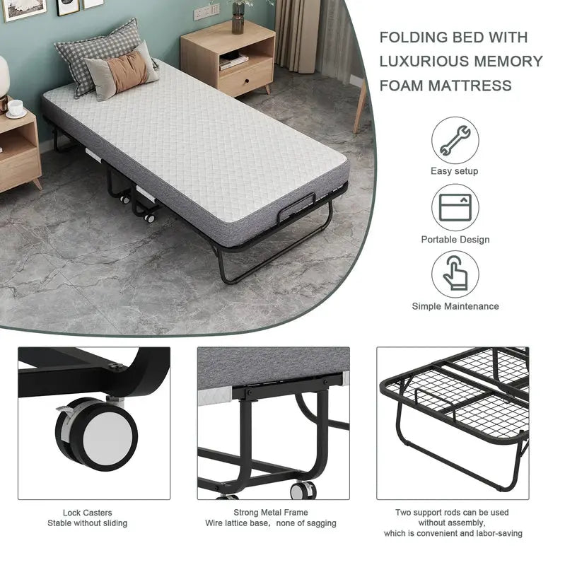 Compact Folding Cot with Mattress 75″ x 31″ Portable Bed for Guests or Temporary Use