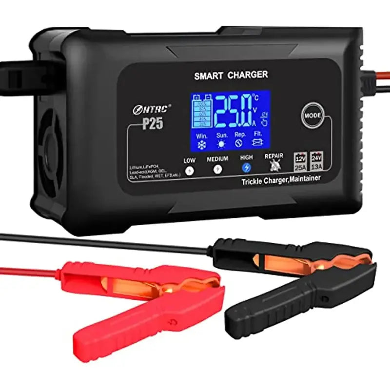 25A Smart Battery Charger Dual-Voltage (12V/24V), Lithium & AGM Compatible, Trickle/Maintainer/Deep-Cycle Function