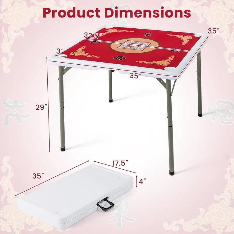 Mahjong-Friendly Folding Card Table — 35-Inch Square HDPE Surface with Cup Holders & Mat