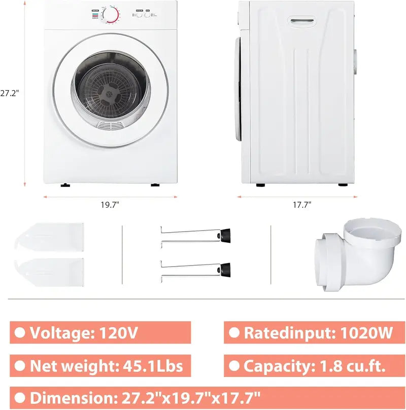 1.8 Cu. Ft. Portable Compact Dryer Exhaust-Duct Compatible, Space-Saving Design