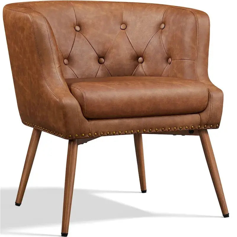 Yaheetech Barrel Accent Chair — Button-Tufted Faux Leather with Metallic Legs