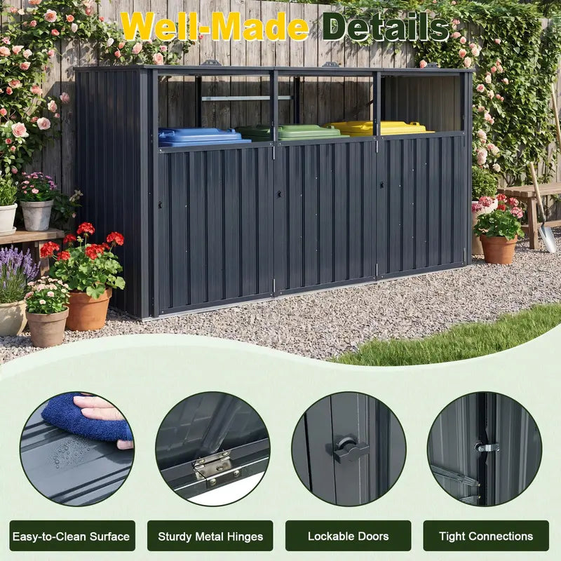 7.8 ft x 2.6 ft Triple-Bin Outdoor Trash Enclosure Flip-Lid Metal Garbage Shed
